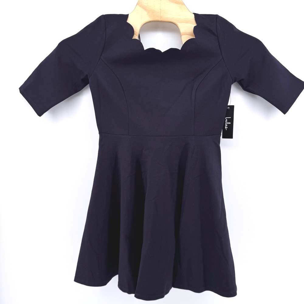 Lulus Side to Side Skater Dress Large Navy Blue Scalloped Neckline 1/2 Sleeve